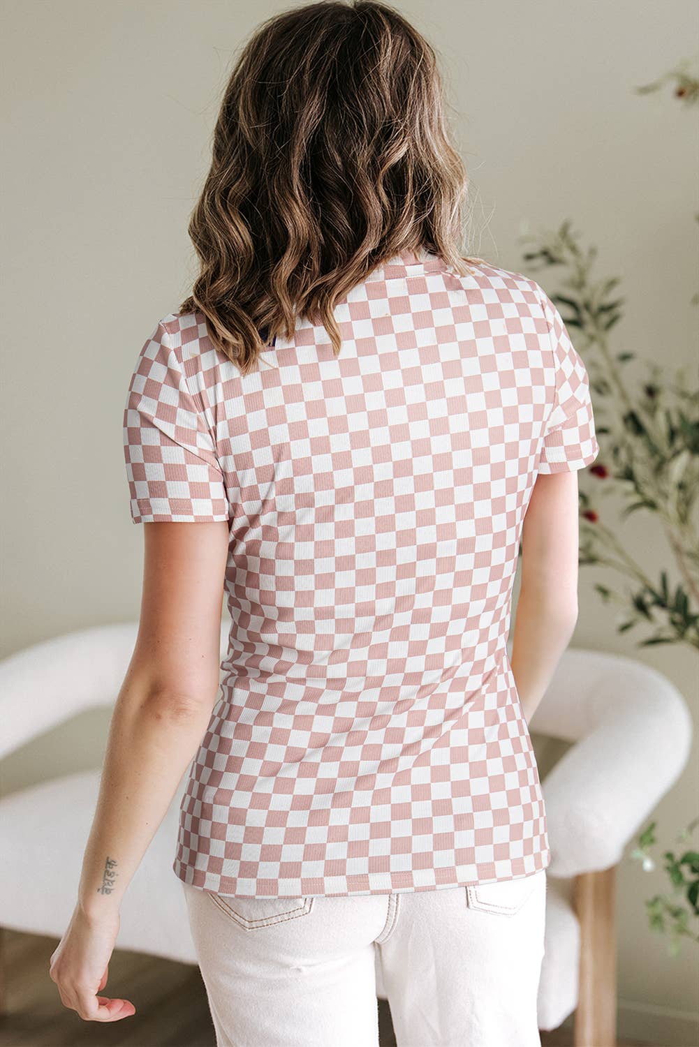 Checkered Ribbed Slim Fit Crew Neck T Shirt