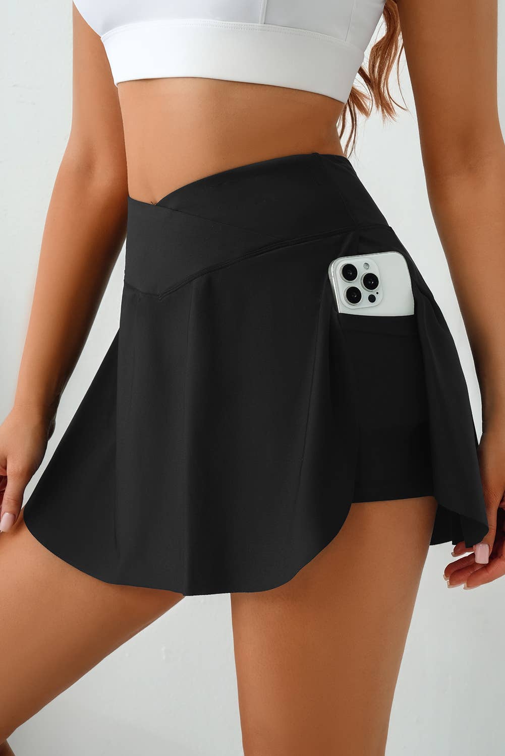 Solid Pocketed Crossover High Waist Swim Skort