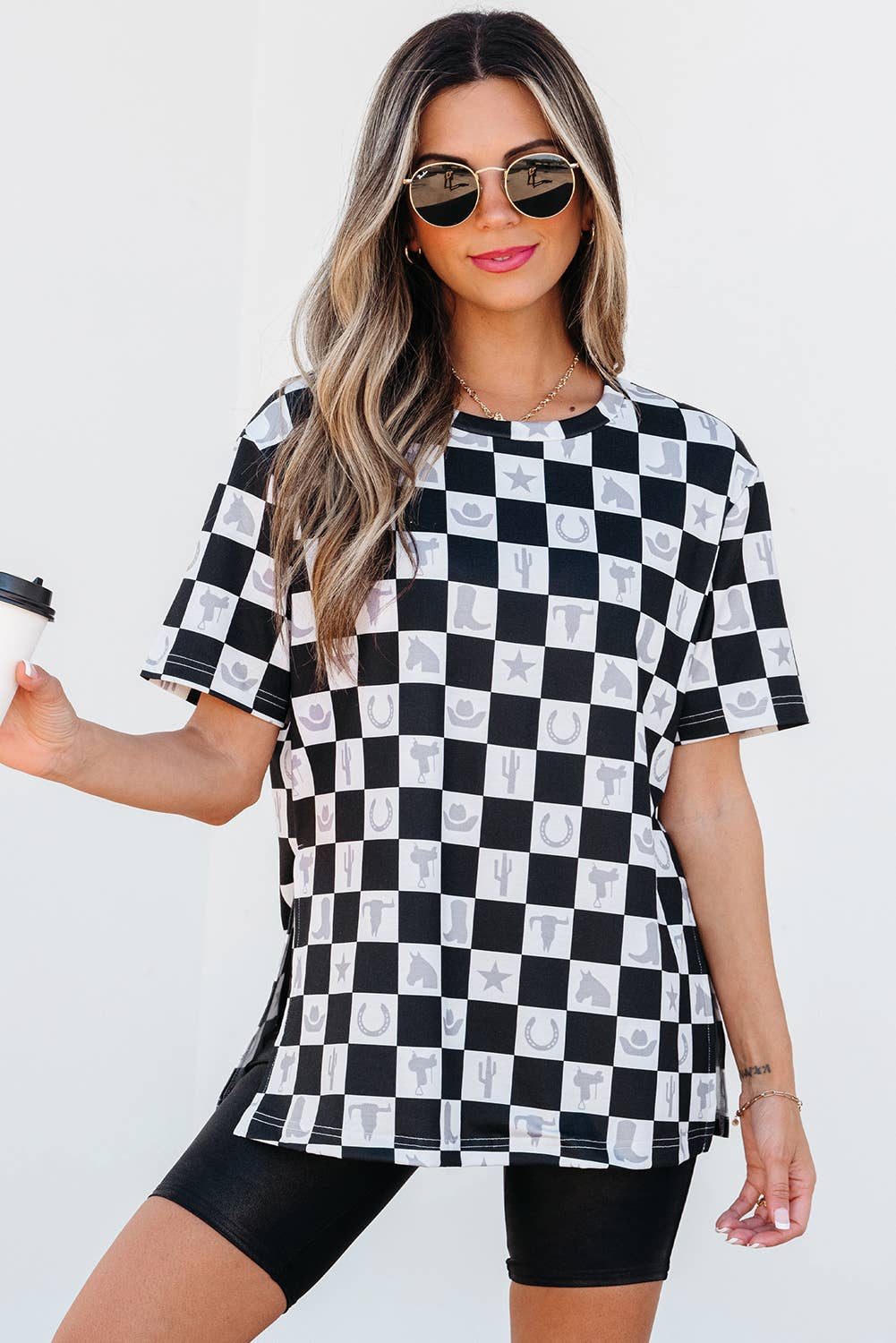 Western Fashion Checkerboard Print Side Split T Shirt