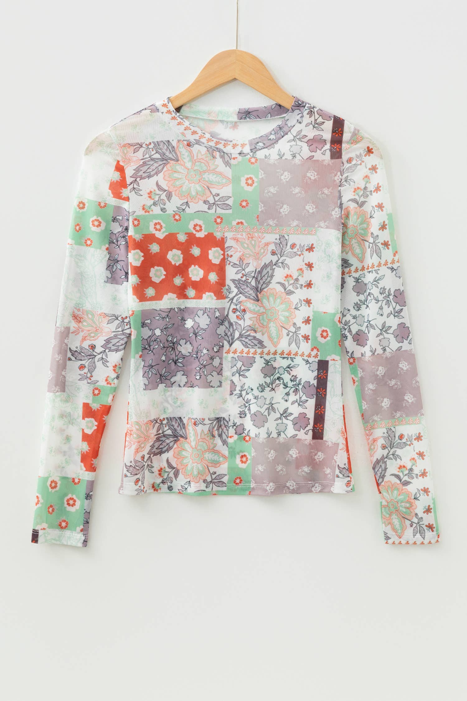 LAS Mixed Floral Print Patchwork Mock Neck Mesh Top (S-XL)