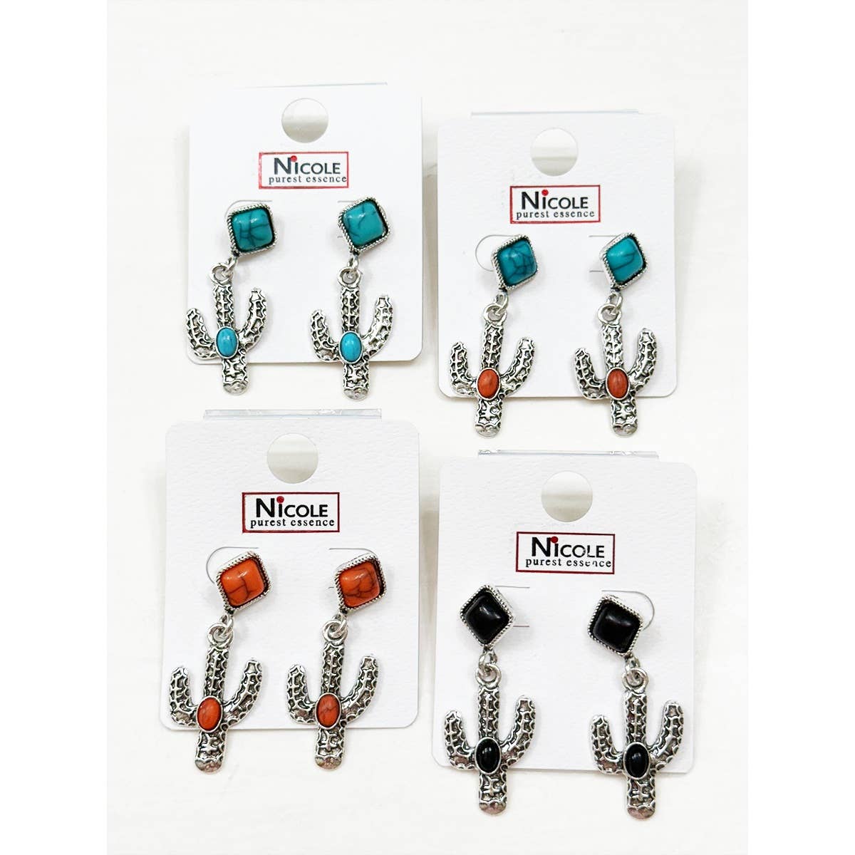 Set of cactus-shaped earrings with colored stones on Nicole branded cards.