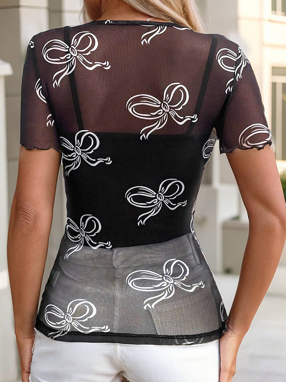 Bow Printed Mesh Short Sleeve Top
