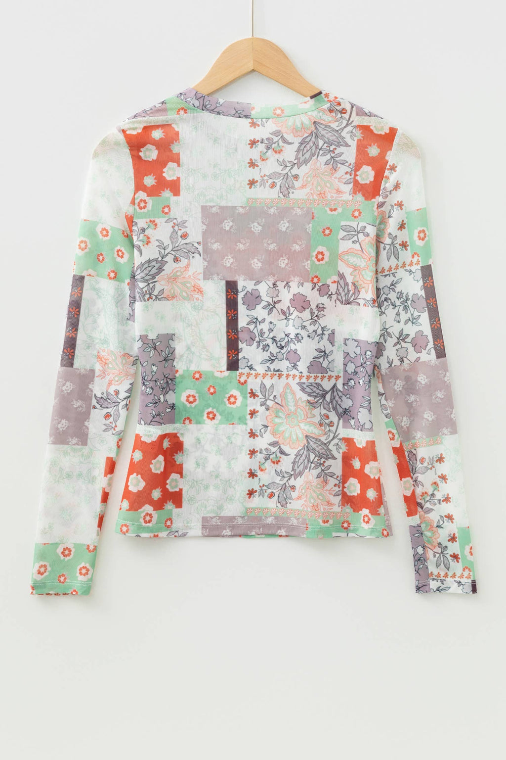 LAS Mixed Floral Print Patchwork Mock Neck Mesh Top (S-XL)