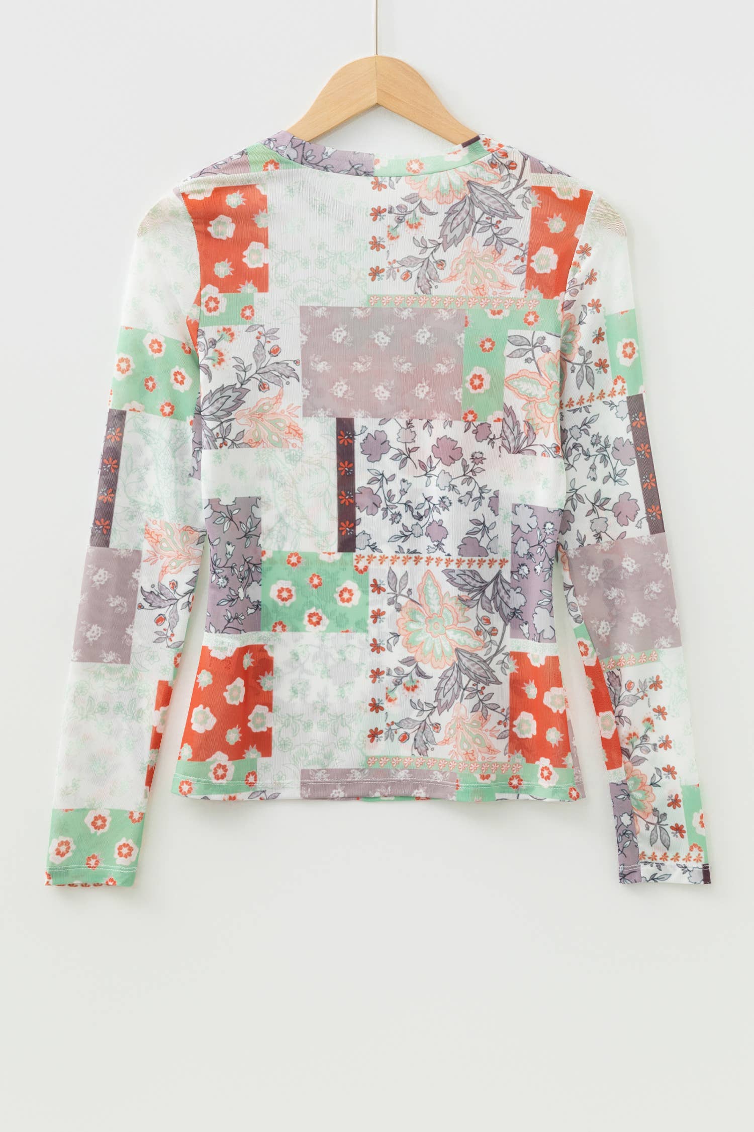 LAS Mixed Floral Print Patchwork Mock Neck Mesh Top (S-XL)
