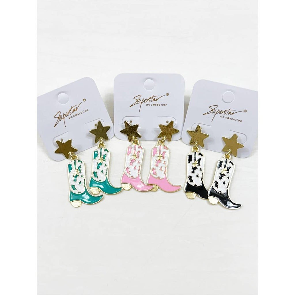 Three pairs of cowboy boot earrings on display cards with 'Superstar' branding.