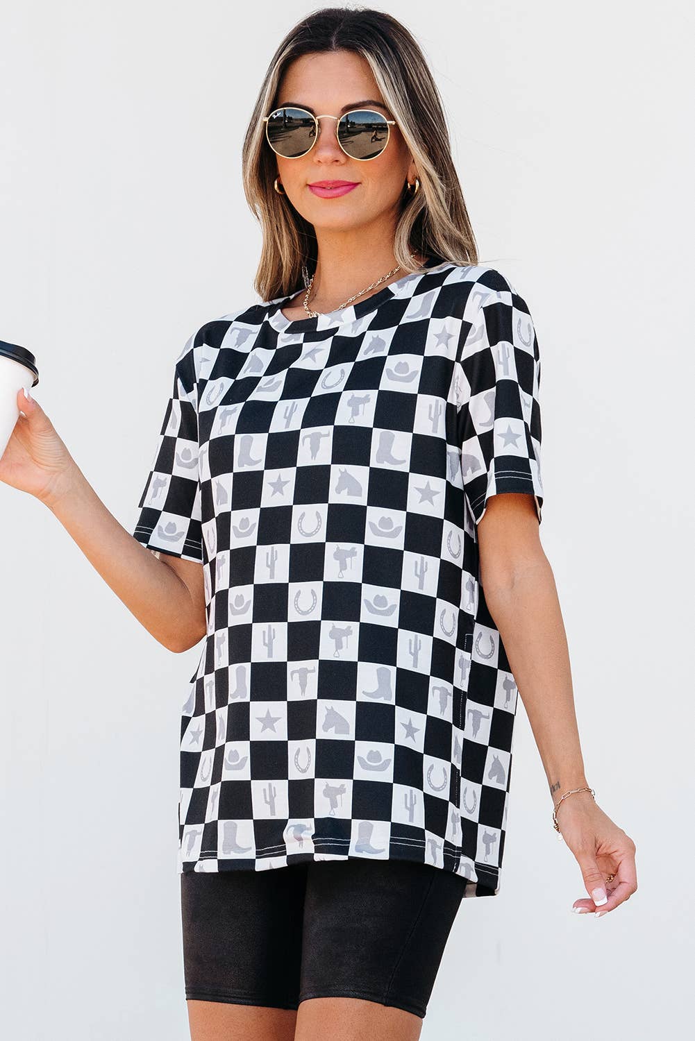 Western Fashion Checkerboard Print Side Split T Shirt