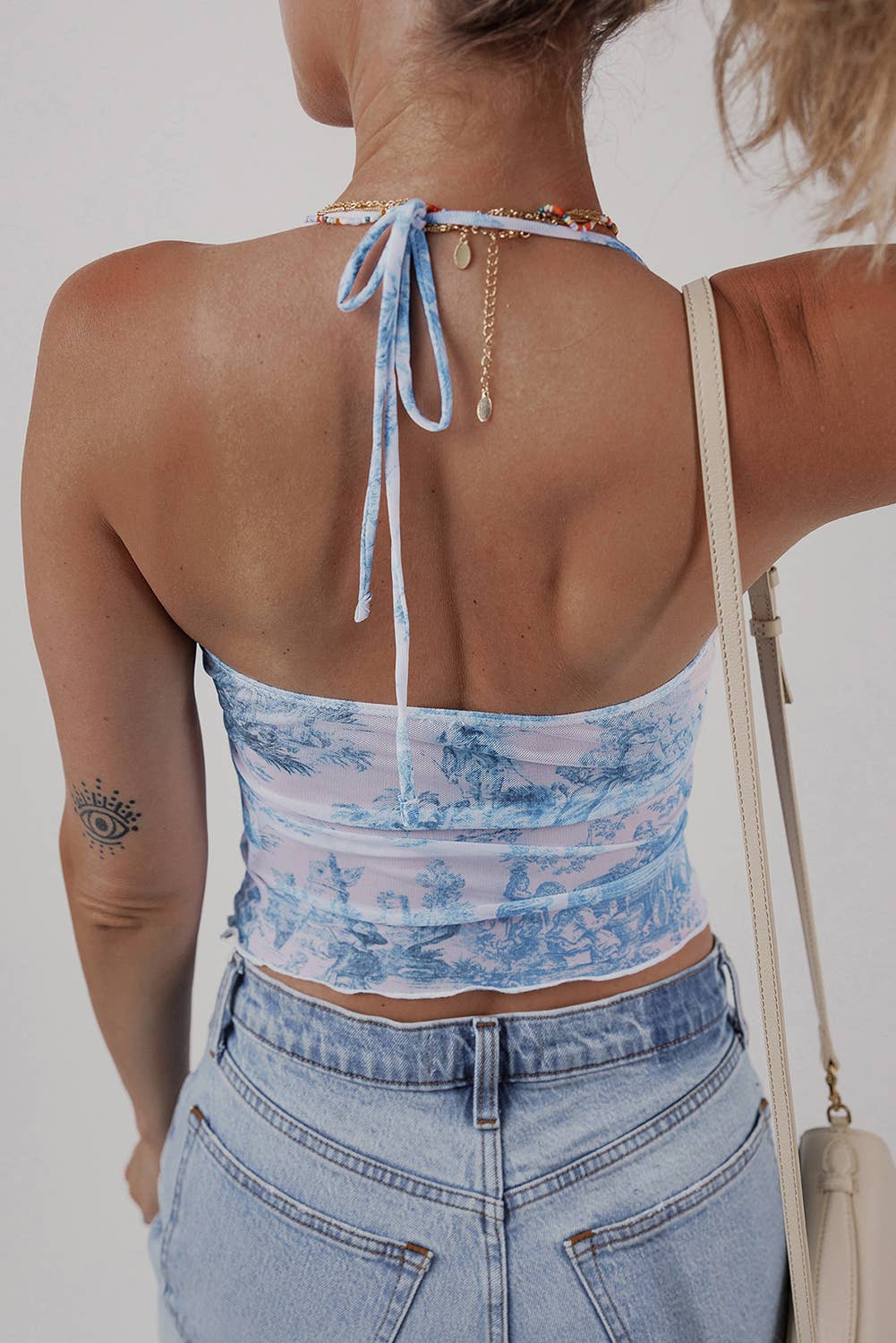 Mesh Bow Detail Halterneck Tank Top